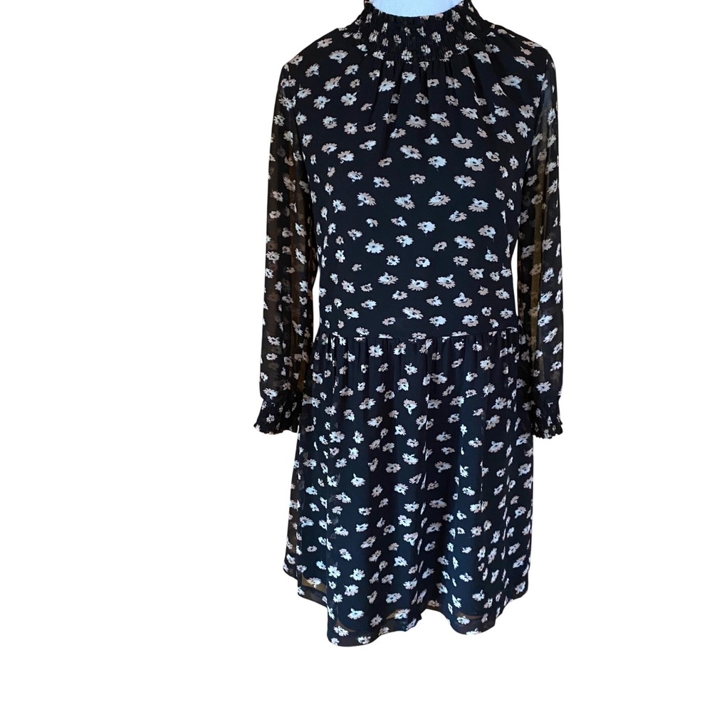 Madewell Black Floral Smocked Mistwell Mock Neck Long Sleeve Mini Dress G8720 XS